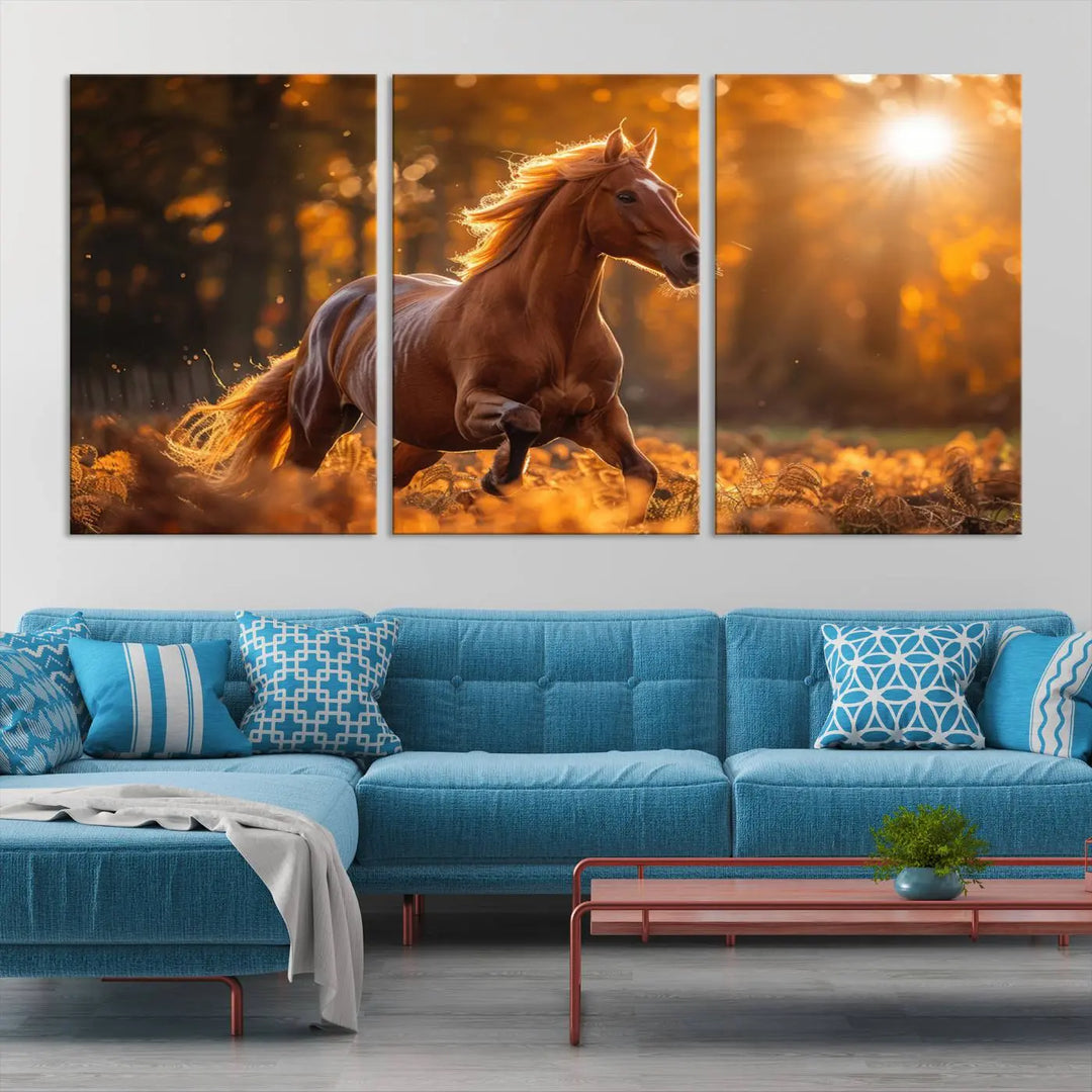 The stunning Running Horse Sunset Forest Wall Art Canvas Print showcases a horse galloping through sunlight-dappled leaves on premium canvas, handmade in the USA.