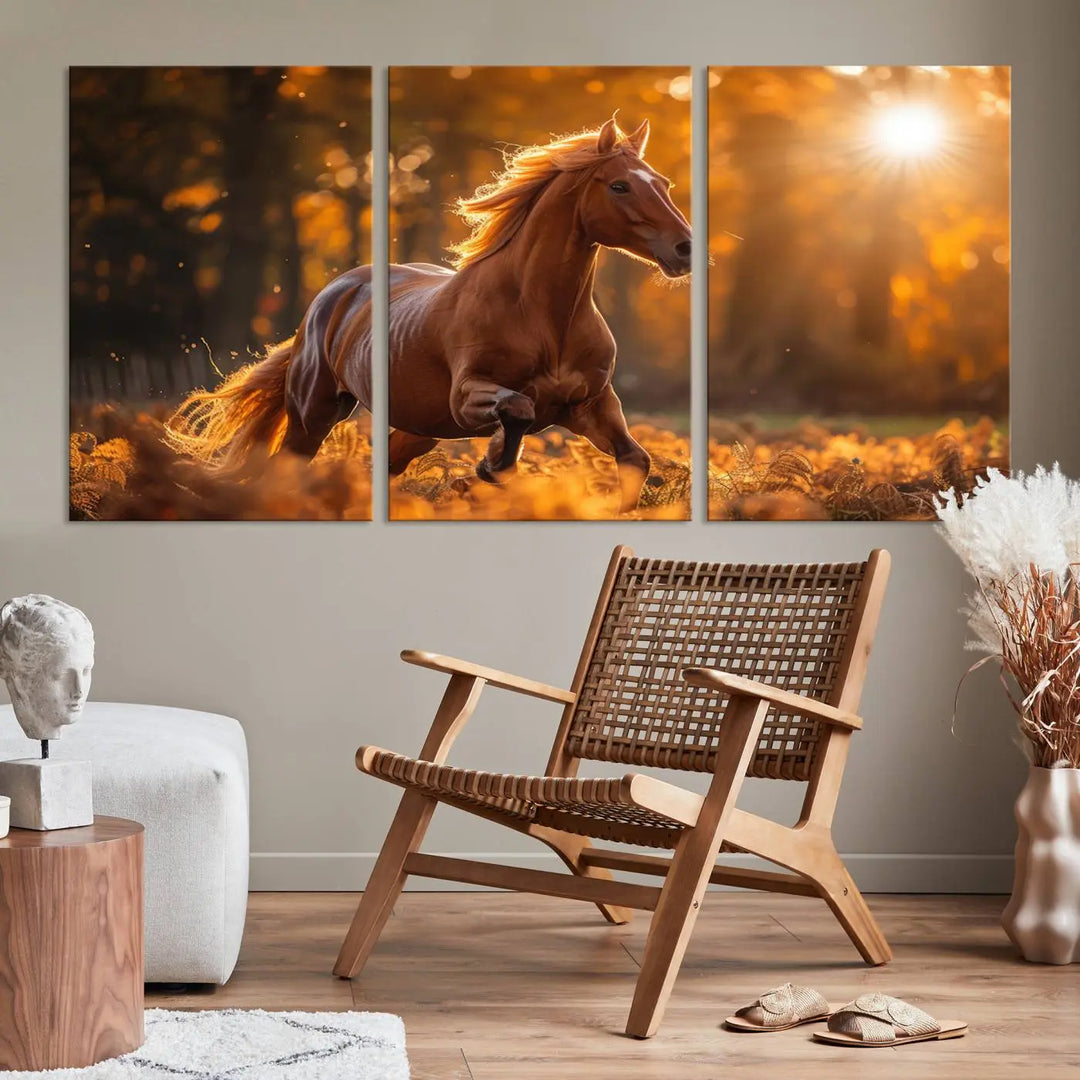 The stunning Running Horse Sunset Forest Wall Art Canvas Print showcases a horse galloping through sunlight-dappled leaves on premium canvas, handmade in the USA.