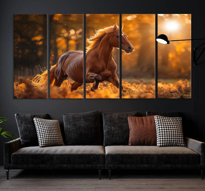 The stunning Running Horse Sunset Forest Wall Art Canvas Print showcases a horse galloping through sunlight-dappled leaves on premium canvas, handmade in the USA.