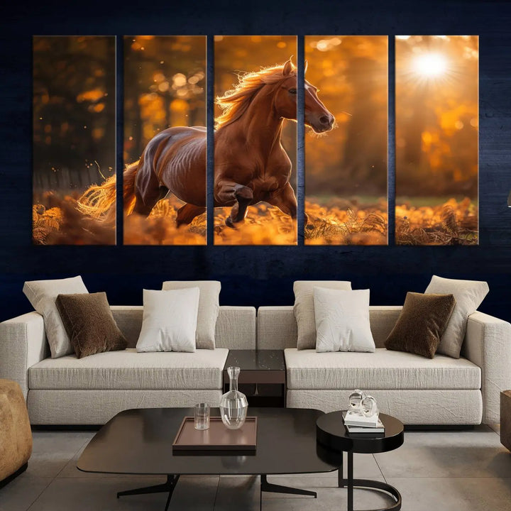 The stunning Running Horse Sunset Forest Wall Art Canvas Print showcases a horse galloping through sunlight-dappled leaves on premium canvas, handmade in the USA.