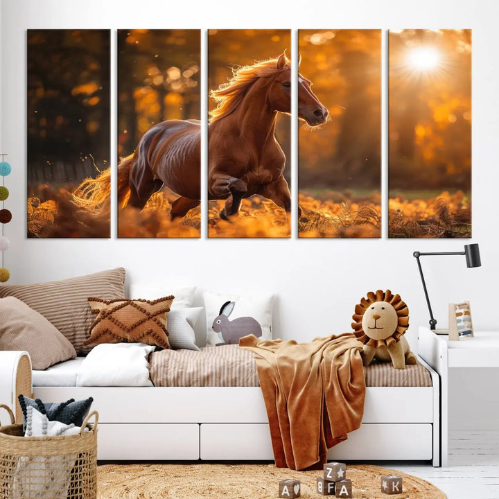 The stunning Running Horse Sunset Forest Wall Art Canvas Print showcases a horse galloping through sunlight-dappled leaves on premium canvas, handmade in the USA.