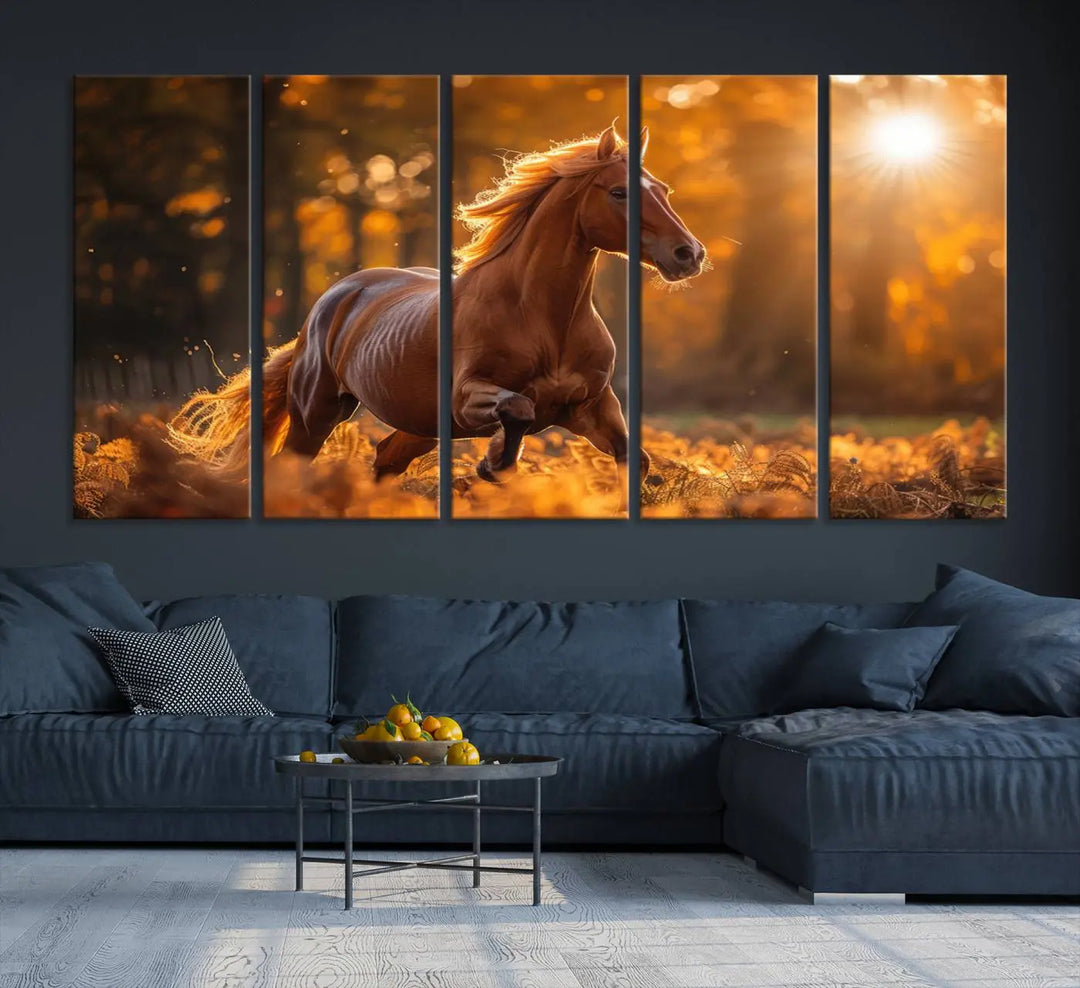 The stunning Running Horse Sunset Forest Wall Art Canvas Print showcases a horse galloping through sunlight-dappled leaves on premium canvas, handmade in the USA.