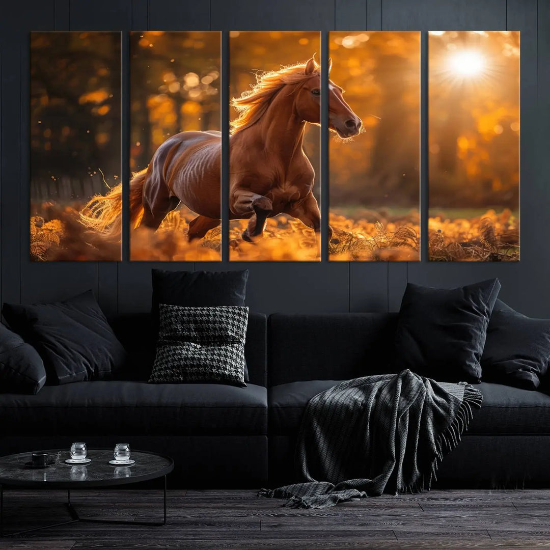 The stunning Running Horse Sunset Forest Wall Art Canvas Print showcases a horse galloping through sunlight-dappled leaves on premium canvas, handmade in the USA.