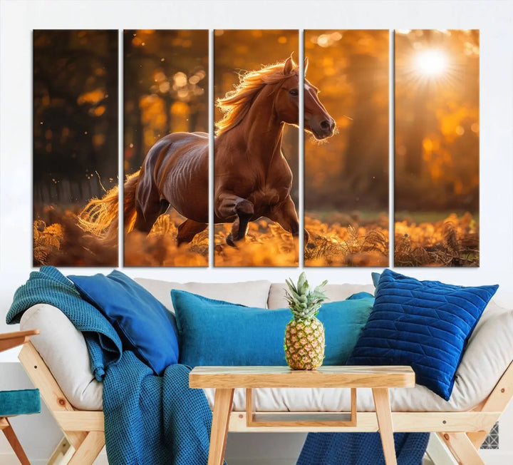 The stunning Running Horse Sunset Forest Wall Art Canvas Print showcases a horse galloping through sunlight-dappled leaves on premium canvas, handmade in the USA.