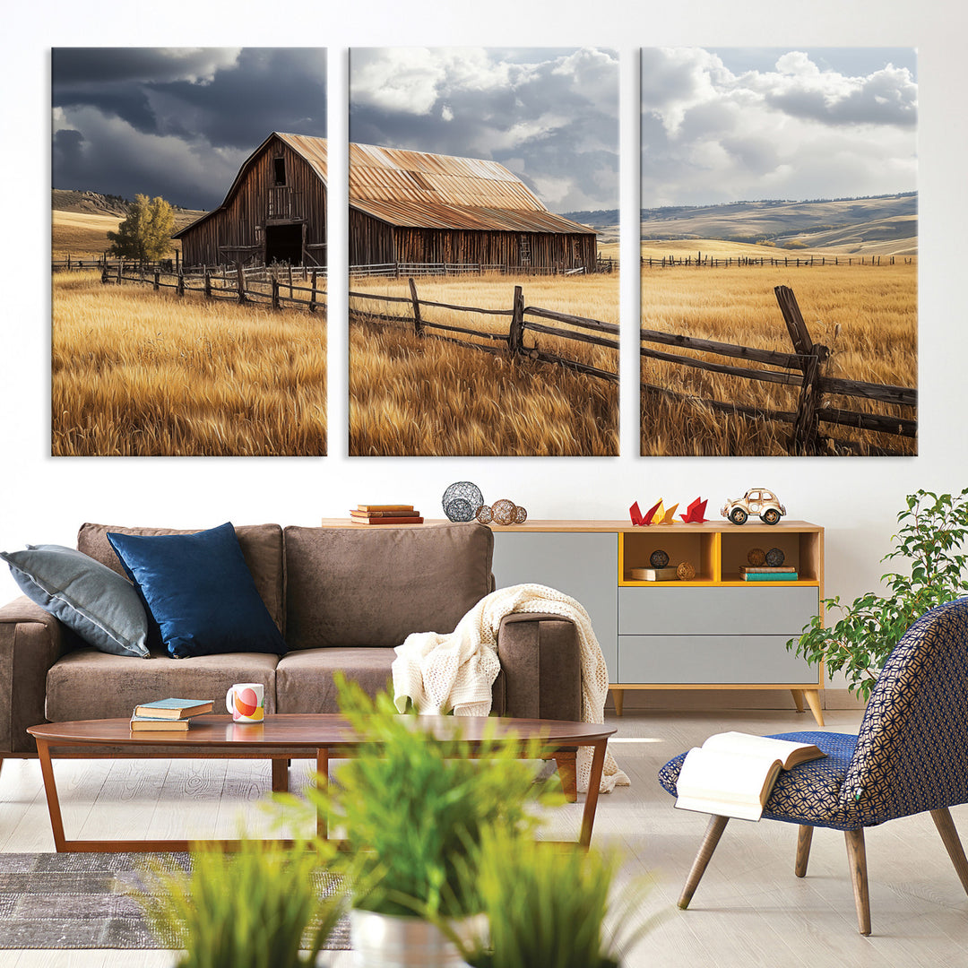 Rustic Barn Wall Art Canvas Print, Framed Moody Barn Art Picture Print, Golden Field Perfect Rustic Farmhouse Decor