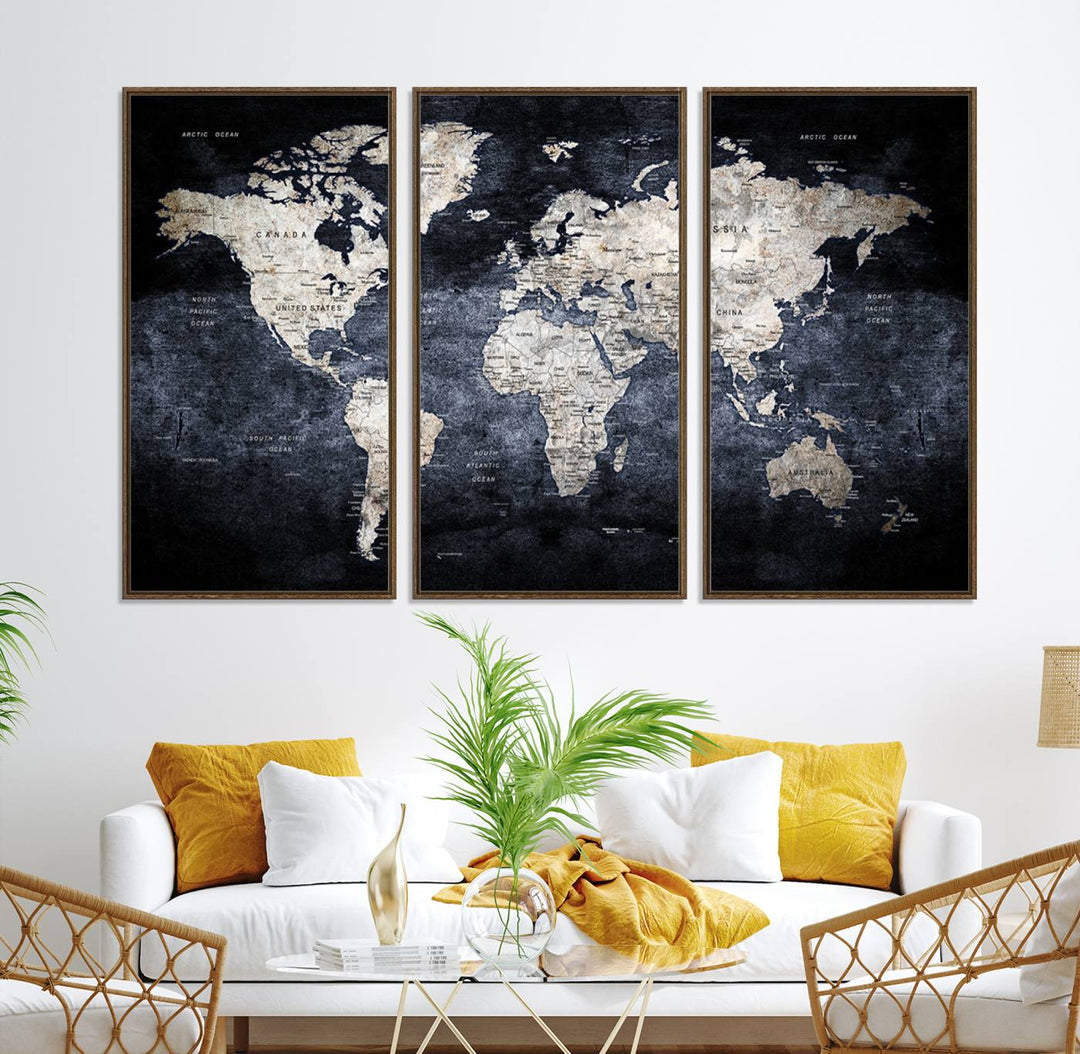 82598-MGV-CV-36X24-Rustic Black and Bronz World Map Canvas – Vintage-Inspired Triptych – Large Wall Art for Living Room