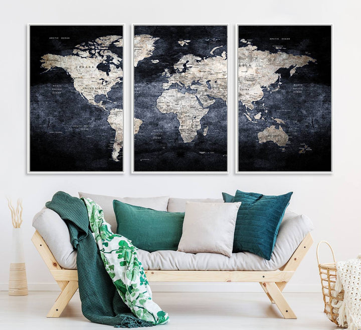 82598-MGV-CV-36X24-Rustic Black and Bronz World Map Canvas – Vintage-Inspired Triptych – Large Wall Art for Living Room