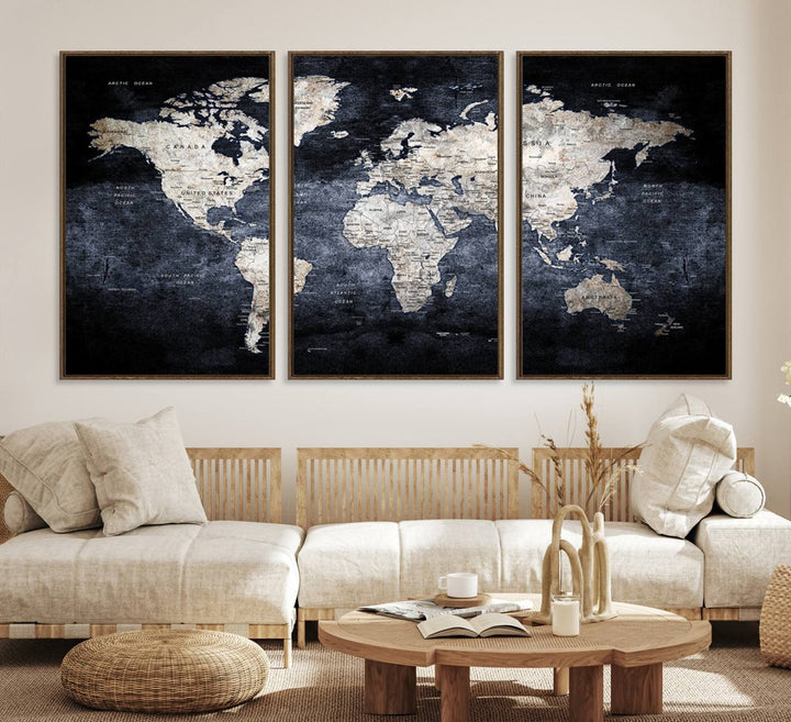 82598-MGV-CV-36X24-Rustic Black and Bronz World Map Canvas – Vintage-Inspired Triptych – Large Wall Art for Living Room