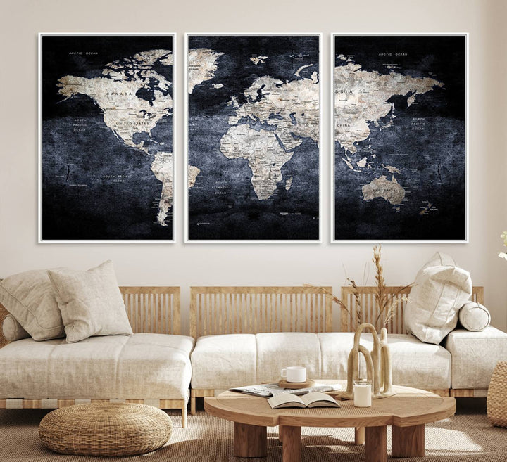 82598-MGV-CV-36X24-Rustic Black and Bronz World Map Canvas – Vintage-Inspired Triptych – Large Wall Art for Living Room