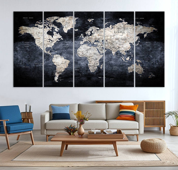 82598-MGV-CV-36X24-Rustic Black and Bronz World Map Canvas – Vintage-Inspired Triptych – Large Wall Art for Living Room