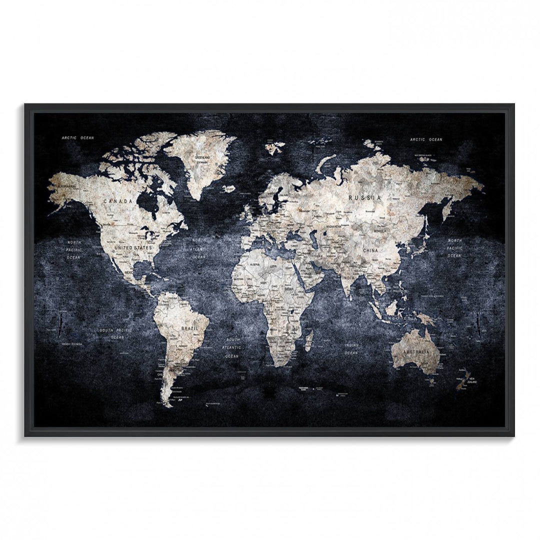 Rustic Black and Bronz World Map Canvas – Vintage-Inspired Triptych – Large Wall Art for Living Room