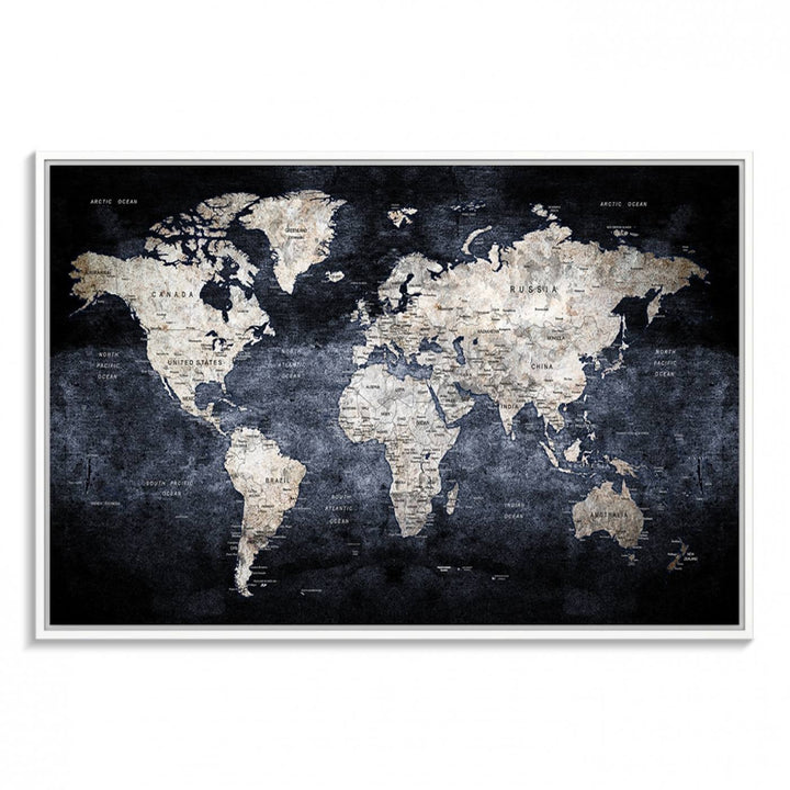 Rustic Black and Bronz World Map Canvas – Vintage-Inspired Triptych – Large Wall Art for Living Room