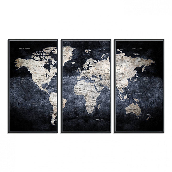 82598-MGV-FC-48X32-3P_Black-Rustic Black and Bronz World Map Canvas – Vintage-Inspired Triptych – Large Wall Art for Living Room