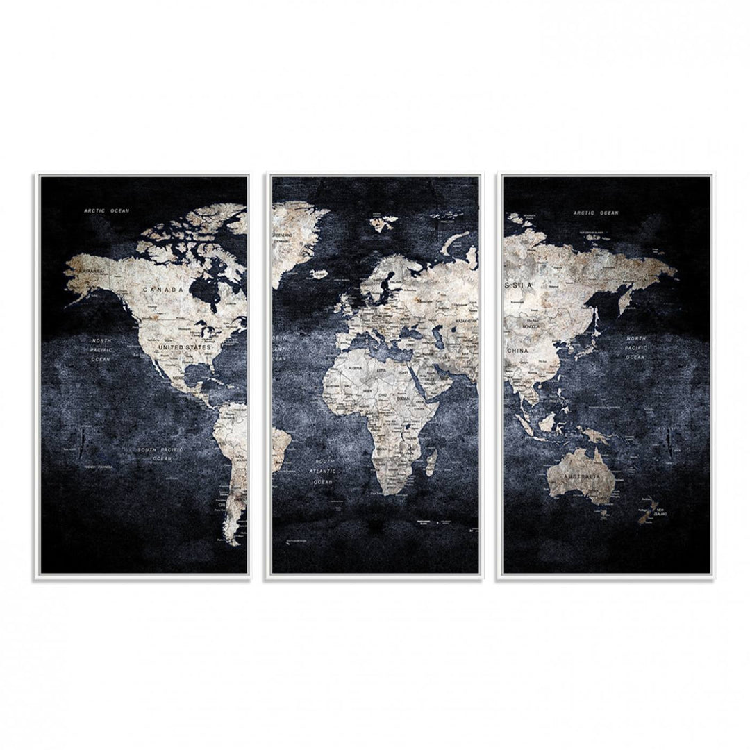 82598-MGV-FC-48X32-3P_White-Rustic Black and Bronz World Map Canvas – Vintage-Inspired Triptych – Large Wall Art for Living Room