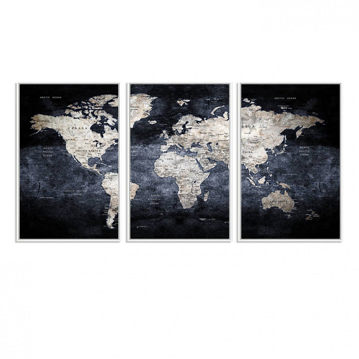 82598-MGV-FC-60X30-3P_White-Rustic Black and Bronz World Map Canvas – Vintage-Inspired Triptych – Large Wall Art for Living Room
