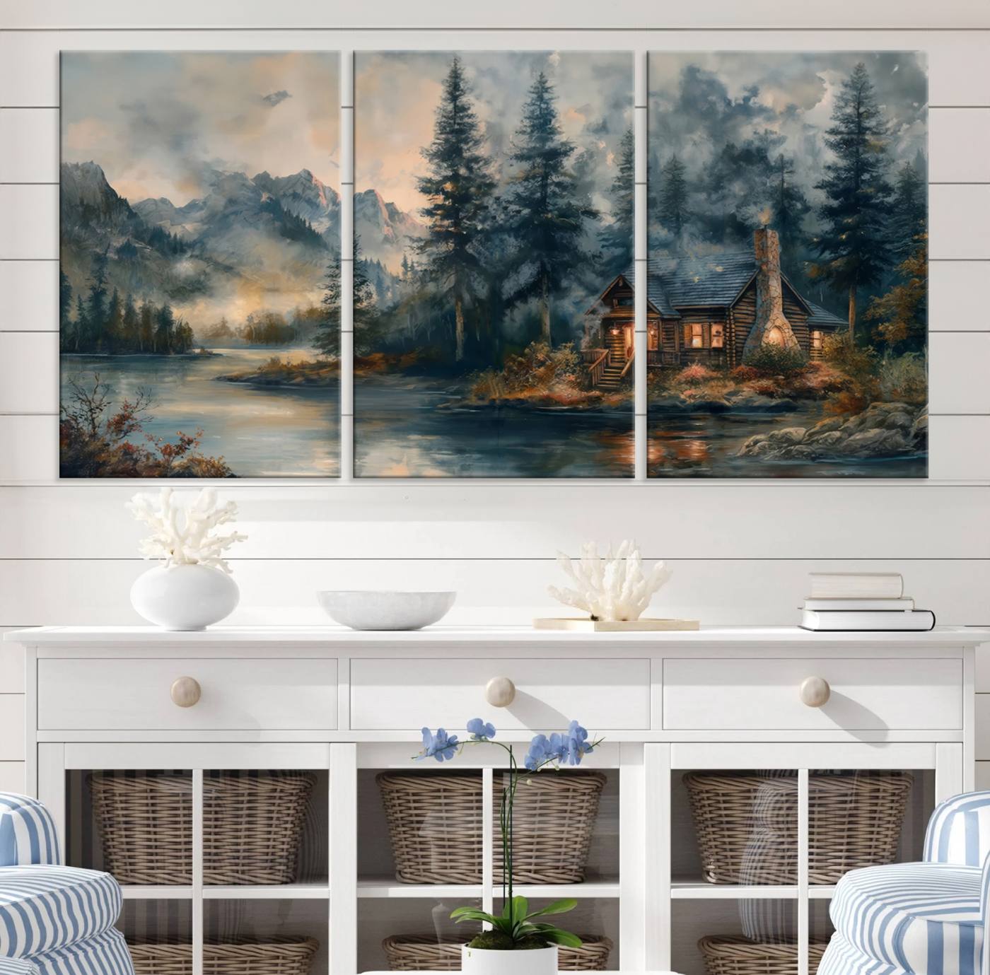 99088-MGV-CV-36X24-Rustic Cabin Woods Wall Art Print | Lake in a Forest Canvas Print | Cabin, Lodge, and Farmhouse Decor Print