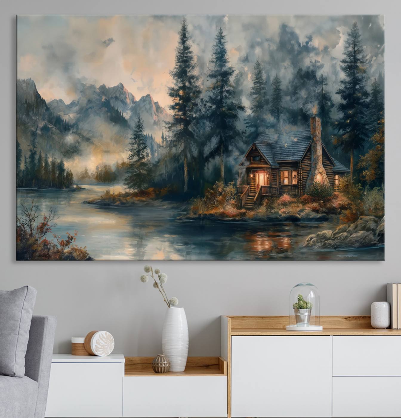 99088-MGV-CV-36X24-Rustic Cabin Woods Wall Art Print | Lake in a Forest Canvas Print | Cabin, Lodge, and Farmhouse Decor Print