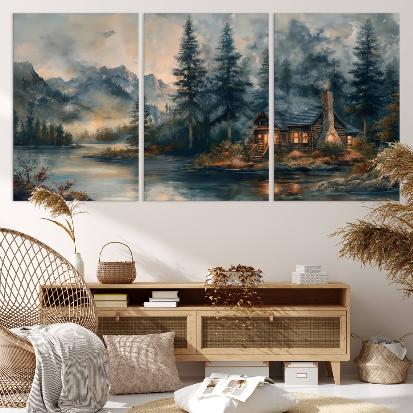 99088-MGV-CV-36X24-Rustic Cabin Woods Wall Art Print | Lake in a Forest Canvas Print | Cabin, Lodge, and Farmhouse Decor Print