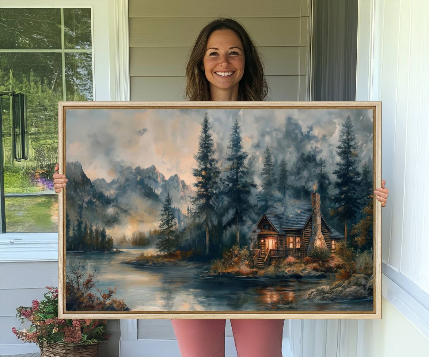 99088-MGV-CV-36X24-Rustic Cabin Woods Wall Art Print | Lake in a Forest Canvas Print | Cabin, Lodge, and Farmhouse Decor Print