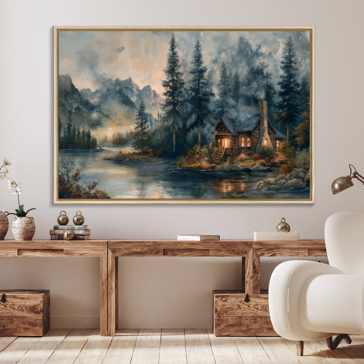 99088-MGV-FC-36X24_Natural-Rustic Cabin Woods Wall Art Print | Lake in a Forest Canvas Print | Cabin, Lodge, and Farmhouse Decor Print