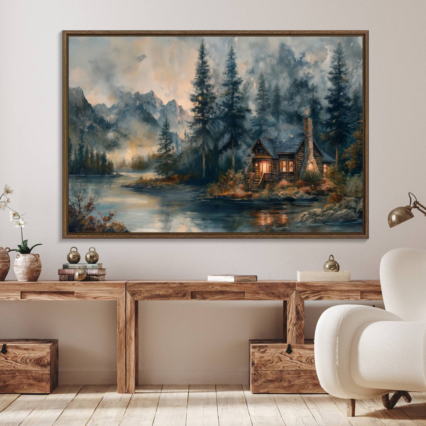 99088-MGV-FC-36X24_Walnut-Rustic Cabin Woods Wall Art Print | Lake in a Forest Canvas Print | Cabin, Lodge, and Farmhouse Decor Print