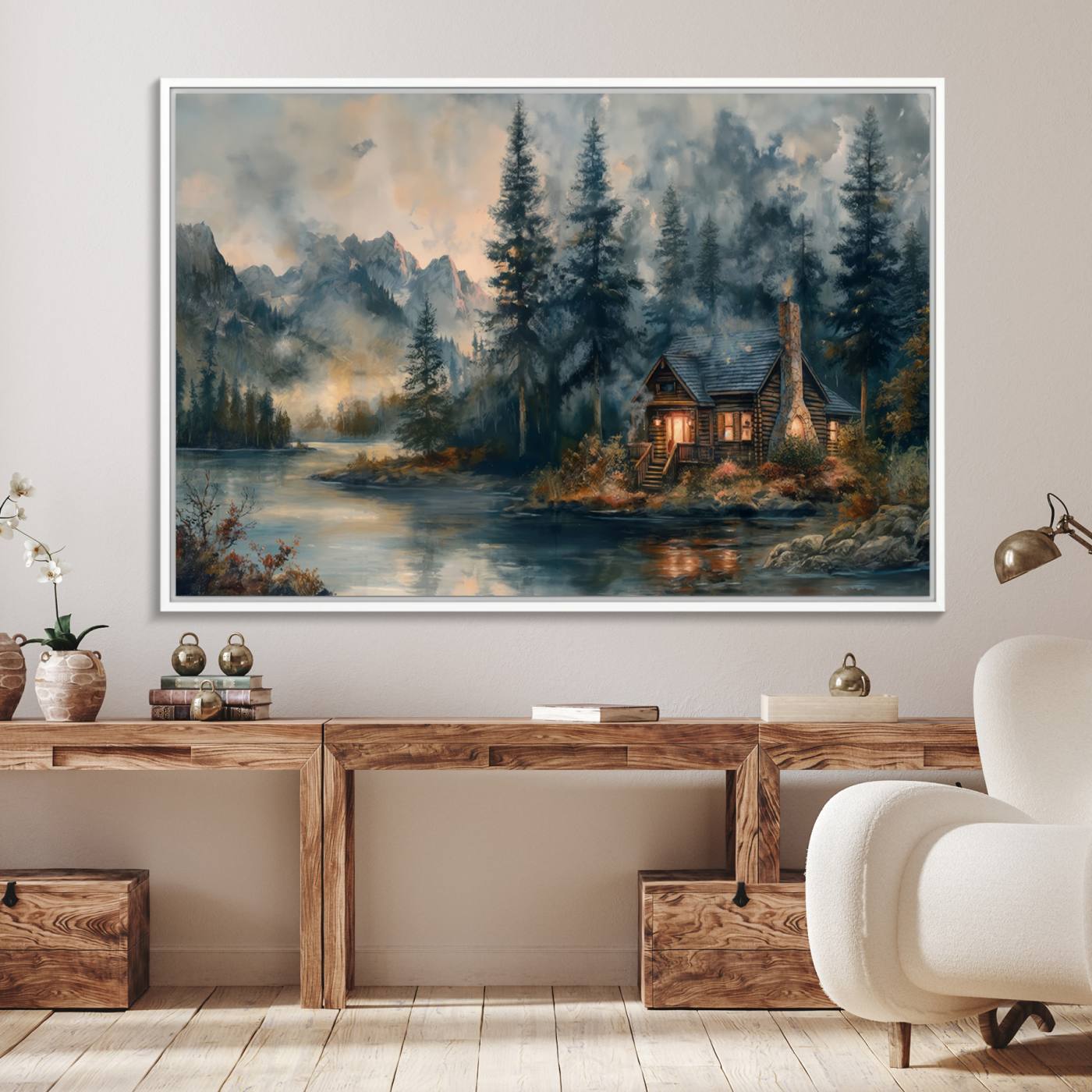 99088-MGV-FC-36X24_White-Rustic Cabin Woods Wall Art Print | Lake in a Forest Canvas Print | Cabin, Lodge, and Farmhouse Decor Print
