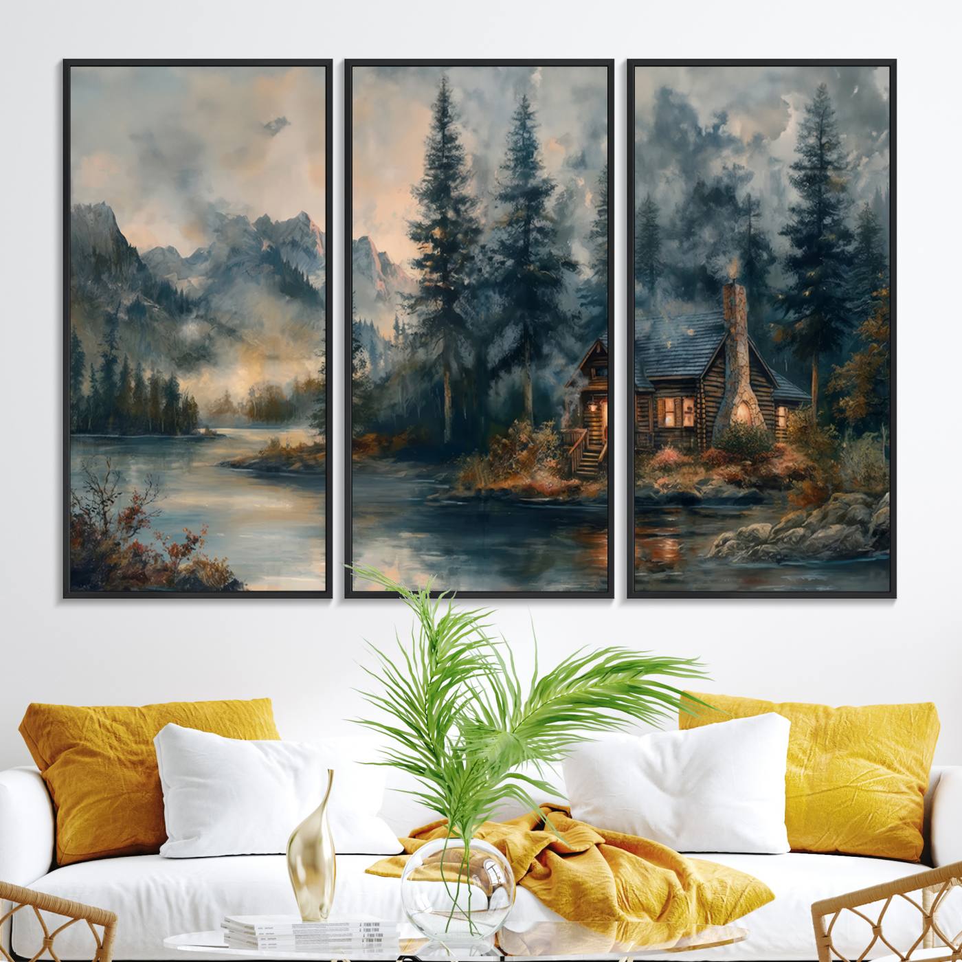 99088-MGV-FC-48X32-3P_Black-Rustic Cabin Woods Wall Art Print | Lake in a Forest Canvas Print | Cabin, Lodge, and Farmhouse Decor Print
