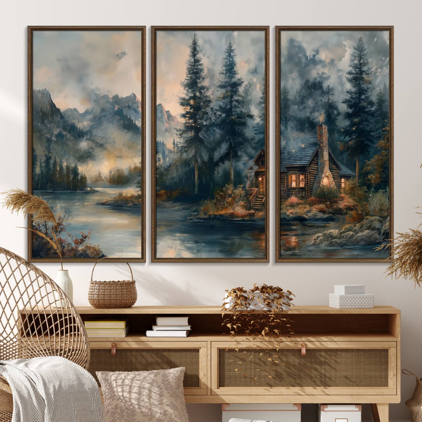 99088-MGV-FC-48X32-3P_Walnut-Rustic Cabin Woods Wall Art Print | Lake in a Forest Canvas Print | Cabin, Lodge, and Farmhouse Decor Print