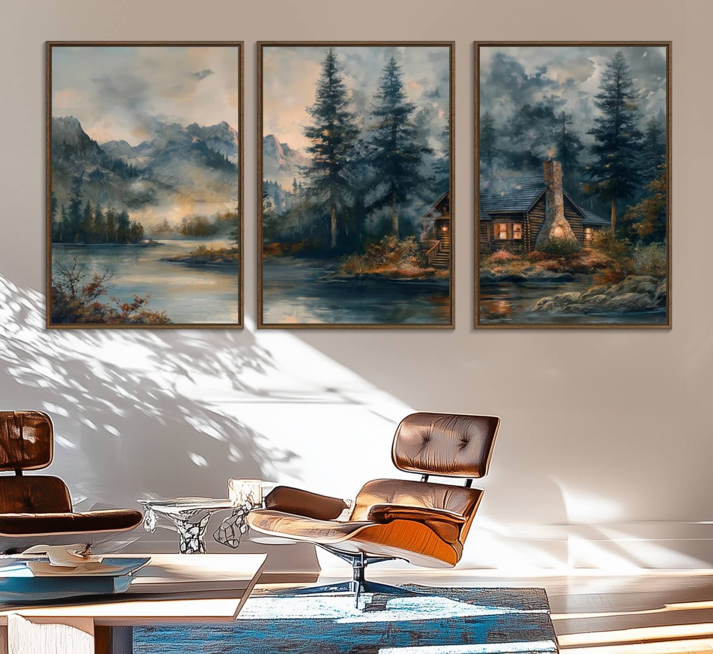99088-MGV-FC-60X30-3P_Walnut-Rustic Cabin Woods Wall Art Print | Lake in a Forest Canvas Print | Cabin, Lodge, and Farmhouse Decor Print