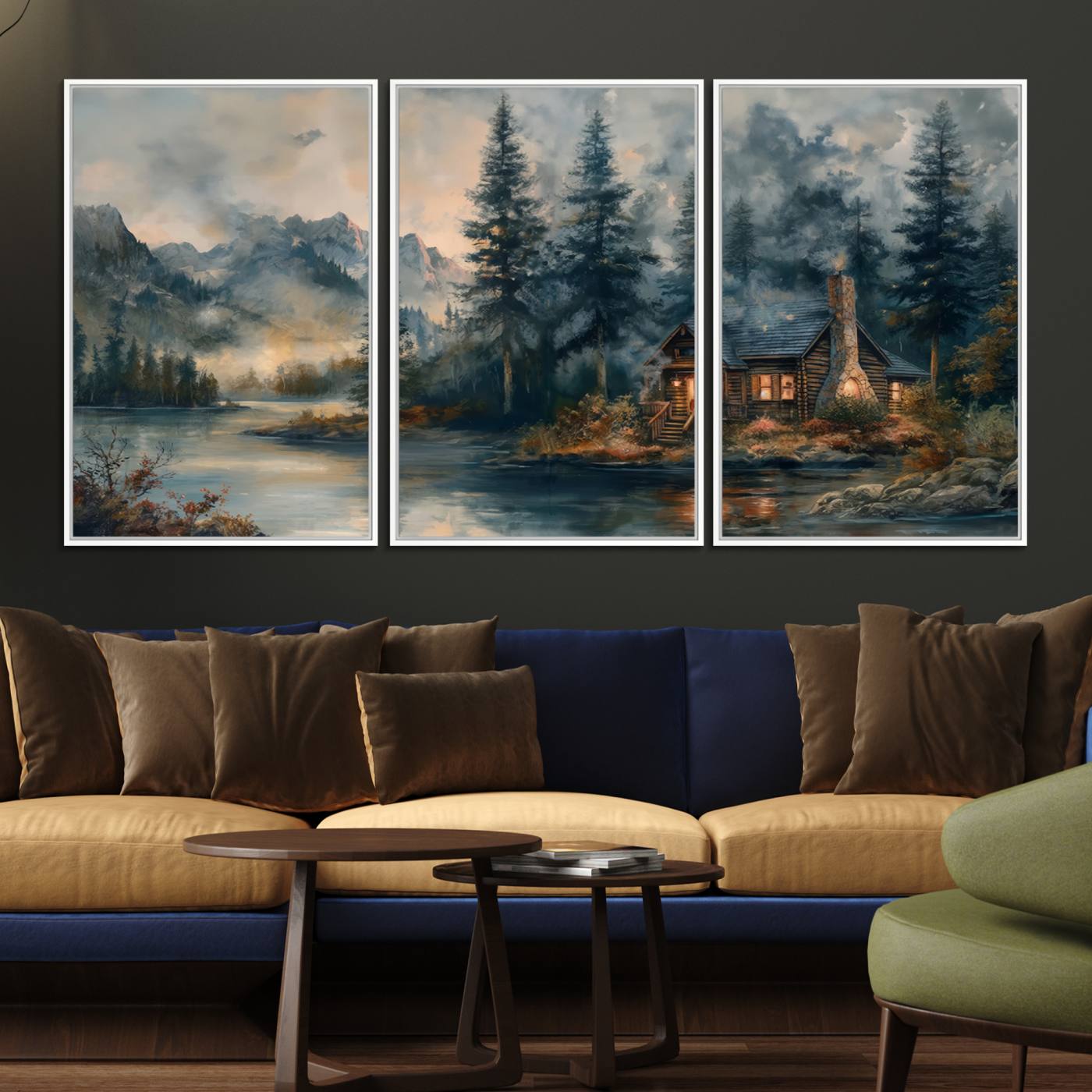 99088-MGV-FC-60X30-3P_White-Rustic Cabin Woods Wall Art Print | Lake in a Forest Canvas Print | Cabin, Lodge, and Farmhouse Decor Print