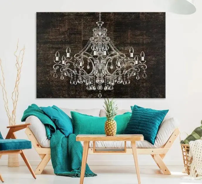 Elevate your space effortlessly with the Rustic Chandelier Canvas Print, featuring an exquisite triptych of a crystal chandelier on a dark backdrop. Crafted on museum-quality canvases, and enjoy the added benefit of free shipping.