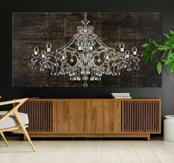 Elevate your space effortlessly with the Rustic Chandelier Canvas Print, featuring an exquisite triptych of a crystal chandelier on a dark backdrop. Crafted on museum-quality canvases, and enjoy the added benefit of free shipping.