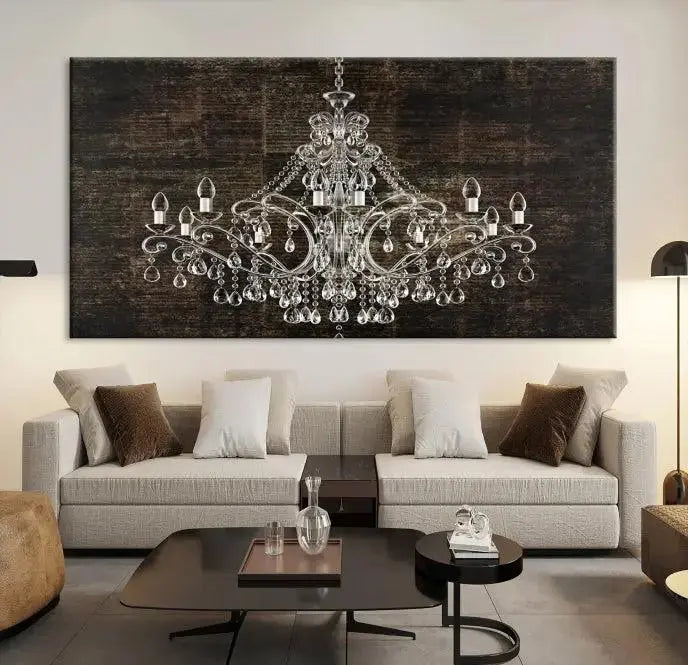 Elevate your space effortlessly with the Rustic Chandelier Canvas Print, featuring an exquisite triptych of a crystal chandelier on a dark backdrop. Crafted on museum-quality canvases, and enjoy the added benefit of free shipping.