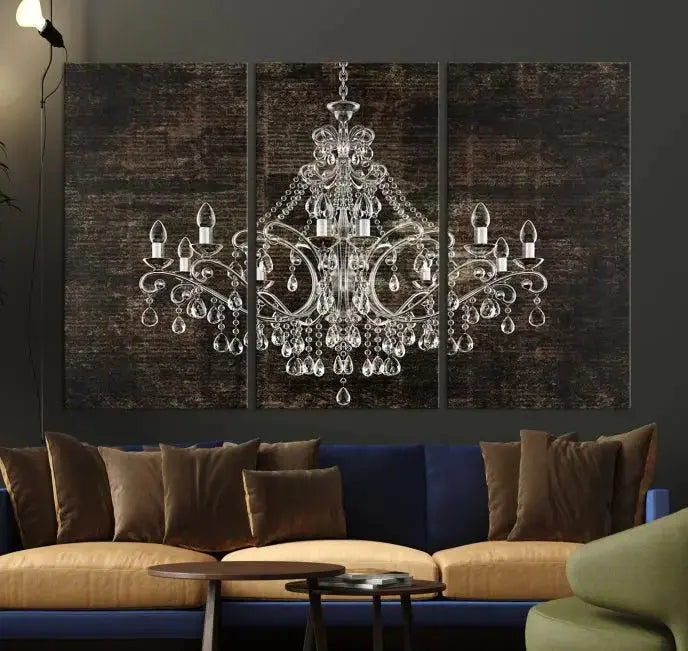 Elevate your space effortlessly with the Rustic Chandelier Canvas Print, featuring an exquisite triptych of a crystal chandelier on a dark backdrop. Crafted on museum-quality canvases, and enjoy the added benefit of free shipping.