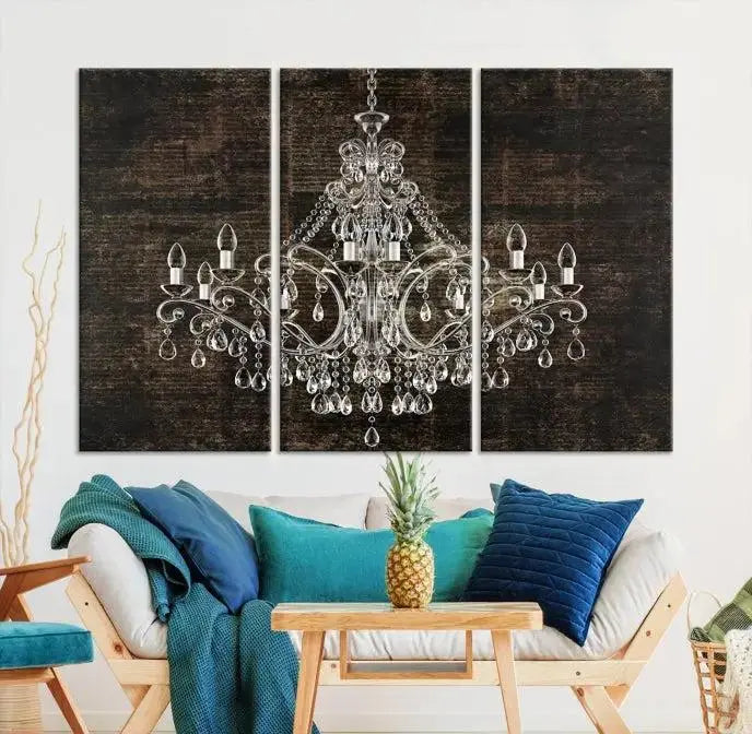 Elevate your space effortlessly with the Rustic Chandelier Canvas Print, featuring an exquisite triptych of a crystal chandelier on a dark backdrop. Crafted on museum-quality canvases, and enjoy the added benefit of free shipping.