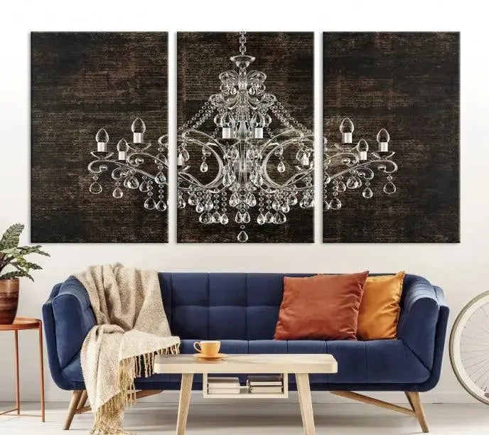 Elevate your space effortlessly with the Rustic Chandelier Canvas Print, featuring an exquisite triptych of a crystal chandelier on a dark backdrop. Crafted on museum-quality canvases, and enjoy the added benefit of free shipping.