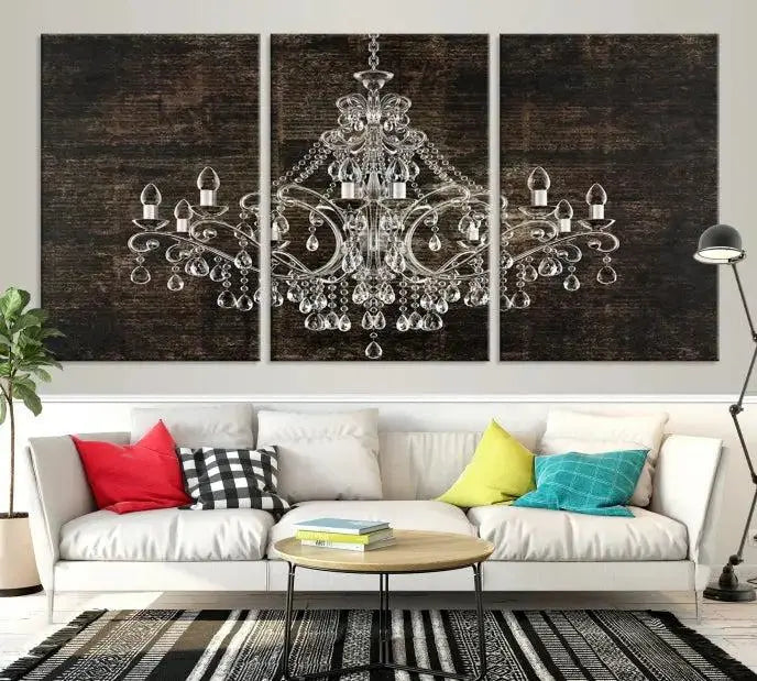 Elevate your space effortlessly with the Rustic Chandelier Canvas Print, featuring an exquisite triptych of a crystal chandelier on a dark backdrop. Crafted on museum-quality canvases, and enjoy the added benefit of free shipping.