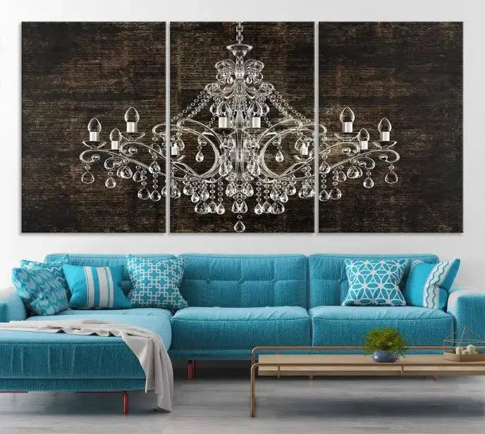 Elevate your space effortlessly with the Rustic Chandelier Canvas Print, featuring an exquisite triptych of a crystal chandelier on a dark backdrop. Crafted on museum-quality canvases, and enjoy the added benefit of free shipping.