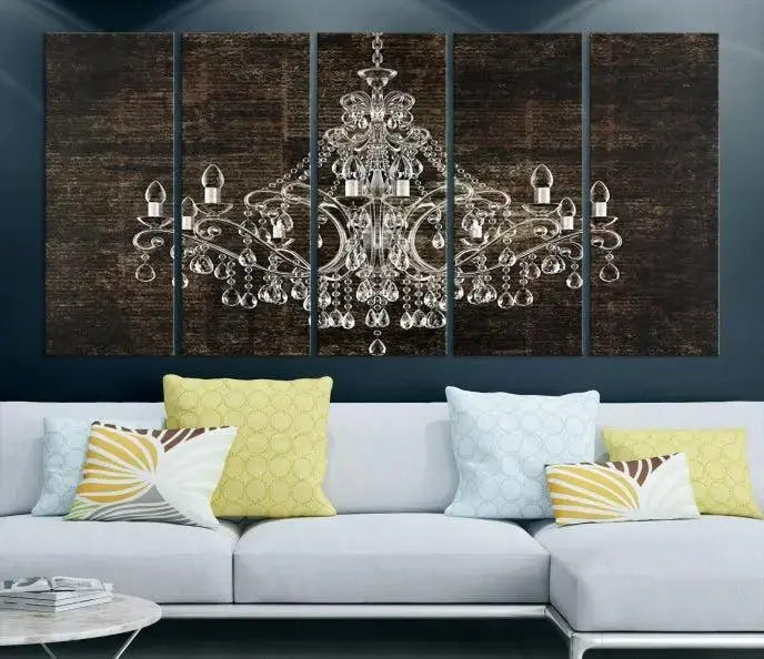 Elevate your space effortlessly with the Rustic Chandelier Canvas Print, featuring an exquisite triptych of a crystal chandelier on a dark backdrop. Crafted on museum-quality canvases, and enjoy the added benefit of free shipping.