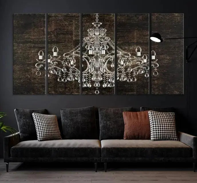 Elevate your space effortlessly with the Rustic Chandelier Canvas Print, featuring an exquisite triptych of a crystal chandelier on a dark backdrop. Crafted on museum-quality canvases, and enjoy the added benefit of free shipping.