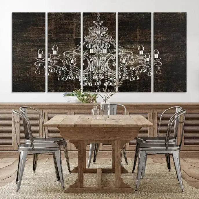 Elevate your space effortlessly with the Rustic Chandelier Canvas Print, featuring an exquisite triptych of a crystal chandelier on a dark backdrop. Crafted on museum-quality canvases, and enjoy the added benefit of free shipping.