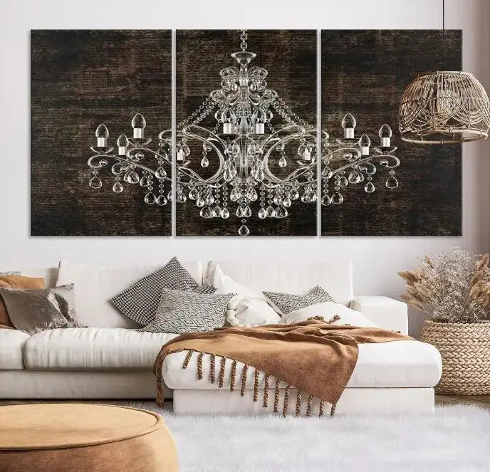 Elevate your space effortlessly with the Rustic Chandelier Canvas Print, featuring an exquisite triptych of a crystal chandelier on a dark backdrop. Crafted on museum-quality canvases, and enjoy the added benefit of free shipping.