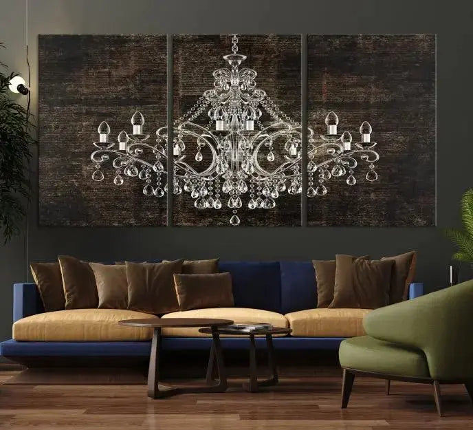 Elevate your space effortlessly with the Rustic Chandelier Canvas Print, featuring an exquisite triptych of a crystal chandelier on a dark backdrop. Crafted on museum-quality canvases, and enjoy the added benefit of free shipping.