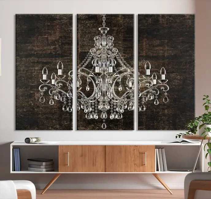 Elevate your space effortlessly with the Rustic Chandelier Canvas Print, featuring an exquisite triptych of a crystal chandelier on a dark backdrop. Crafted on museum-quality canvases, and enjoy the added benefit of free shipping.