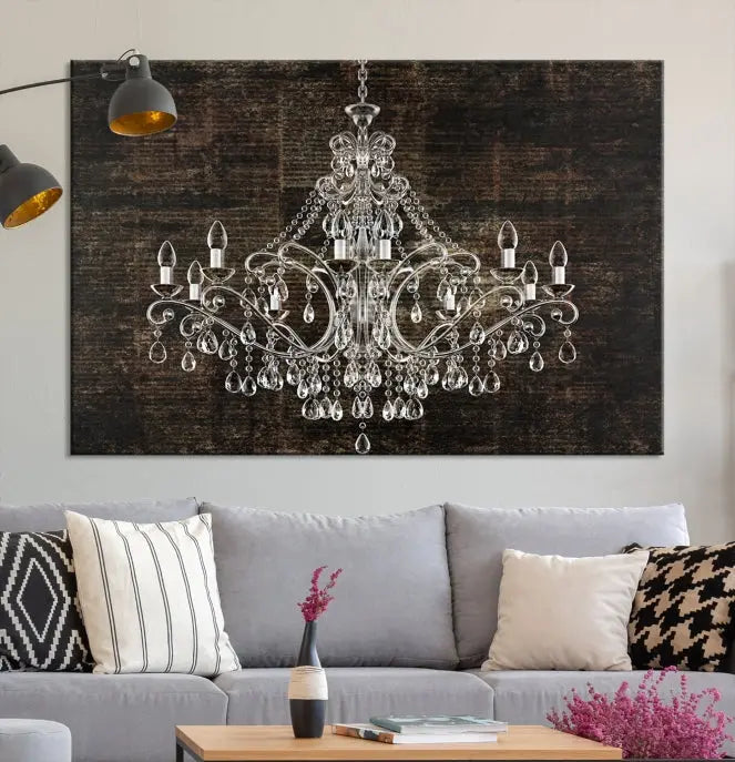 Elevate your space effortlessly with the Rustic Chandelier Canvas Print, featuring an exquisite triptych of a crystal chandelier on a dark backdrop. Crafted on museum-quality canvases, and enjoy the added benefit of free shipping.