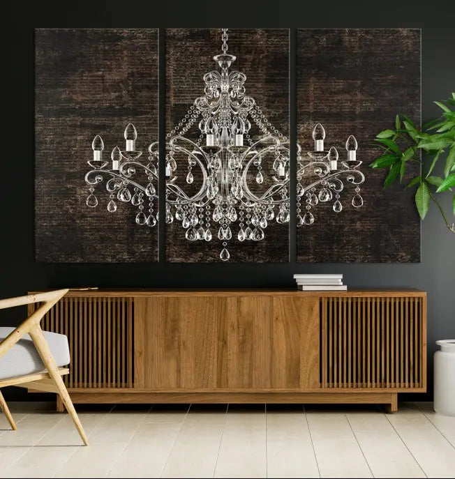 Elevate your space effortlessly with the Rustic Chandelier Canvas Print, featuring an exquisite triptych of a crystal chandelier on a dark backdrop. Crafted on museum-quality canvases, and enjoy the added benefit of free shipping.