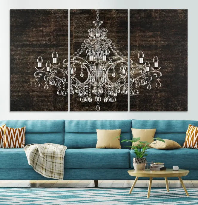 Elevate your space effortlessly with the Rustic Chandelier Canvas Print, featuring an exquisite triptych of a crystal chandelier on a dark backdrop. Crafted on museum-quality canvases, and enjoy the added benefit of free shipping.