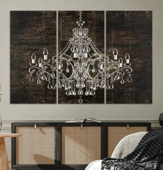 Elevate your space effortlessly with the Rustic Chandelier Canvas Print, featuring an exquisite triptych of a crystal chandelier on a dark backdrop. Crafted on museum-quality canvases, and enjoy the added benefit of free shipping.