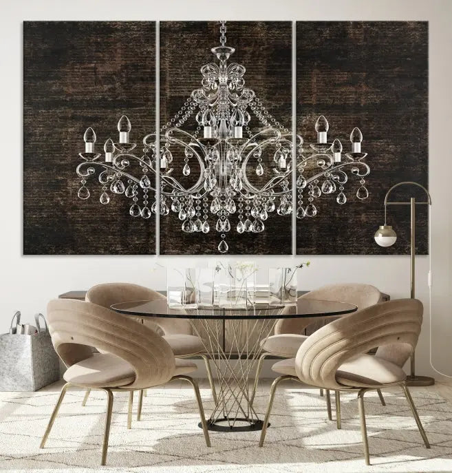 Elevate your space effortlessly with the Rustic Chandelier Canvas Print, featuring an exquisite triptych of a crystal chandelier on a dark backdrop. Crafted on museum-quality canvases, and enjoy the added benefit of free shipping.