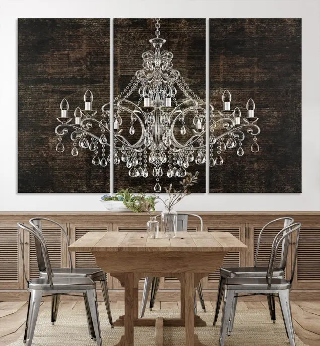 Elevate your space effortlessly with the Rustic Chandelier Canvas Print, featuring an exquisite triptych of a crystal chandelier on a dark backdrop. Crafted on museum-quality canvases, and enjoy the added benefit of free shipping.